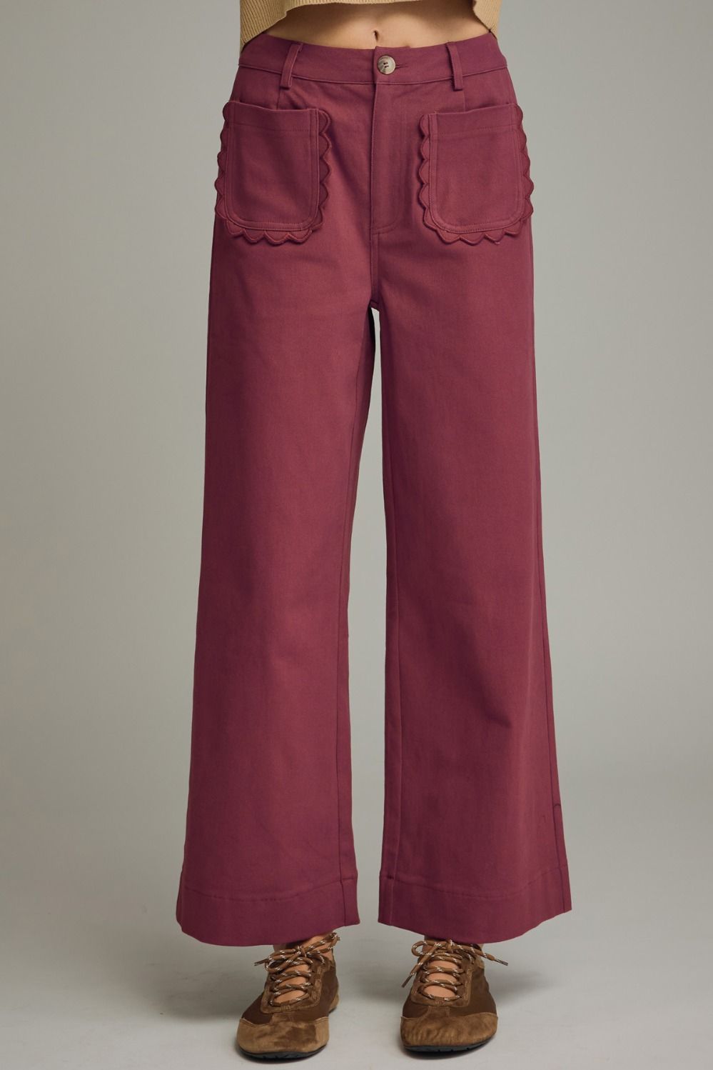 ENTRO Solid Pant With Scalloped Detail Pocket In Burgundy *COMING SOON*
