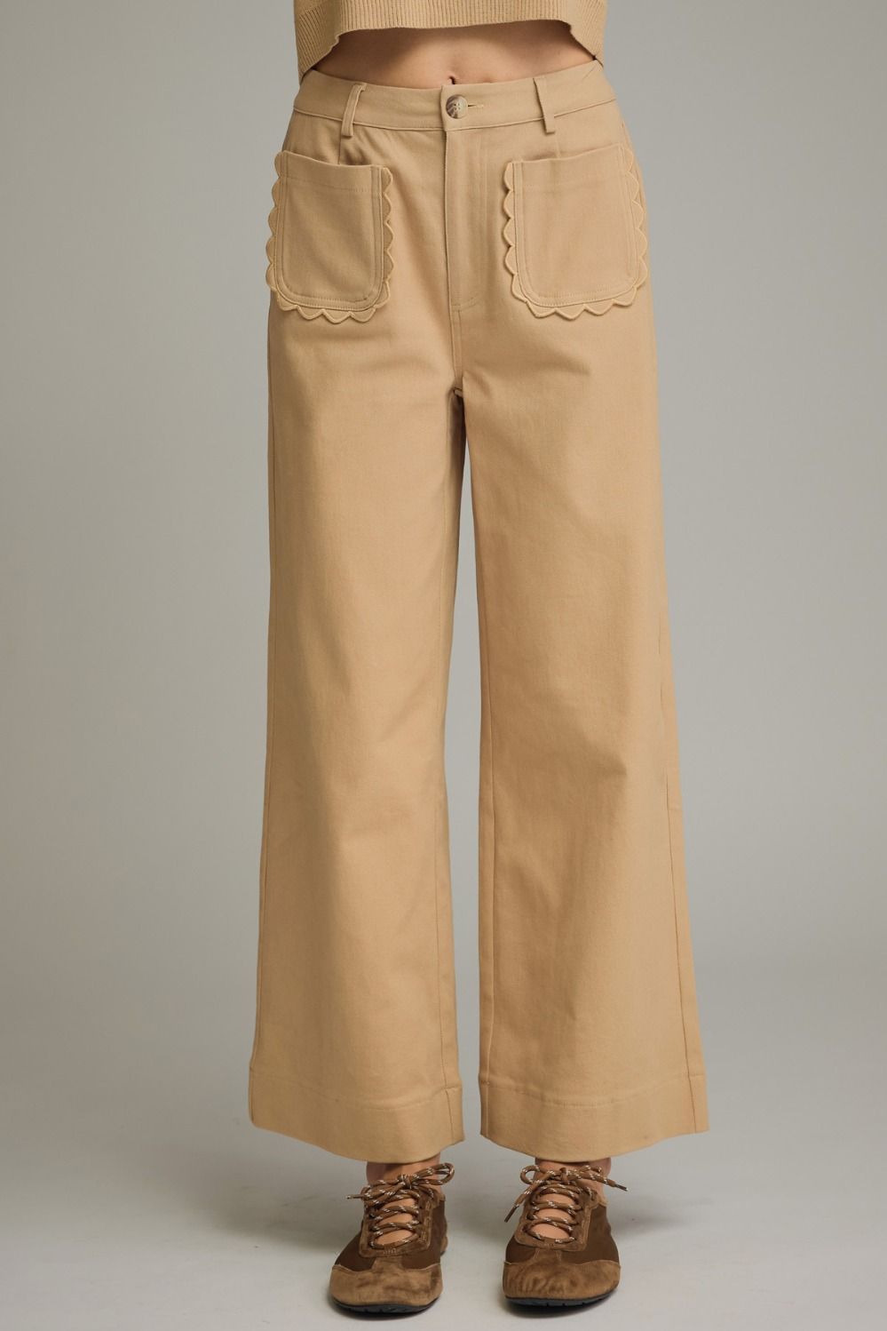 ENTRO Solid Pant With Scalloped Detail Pocket In Camel *COMING SOON*
