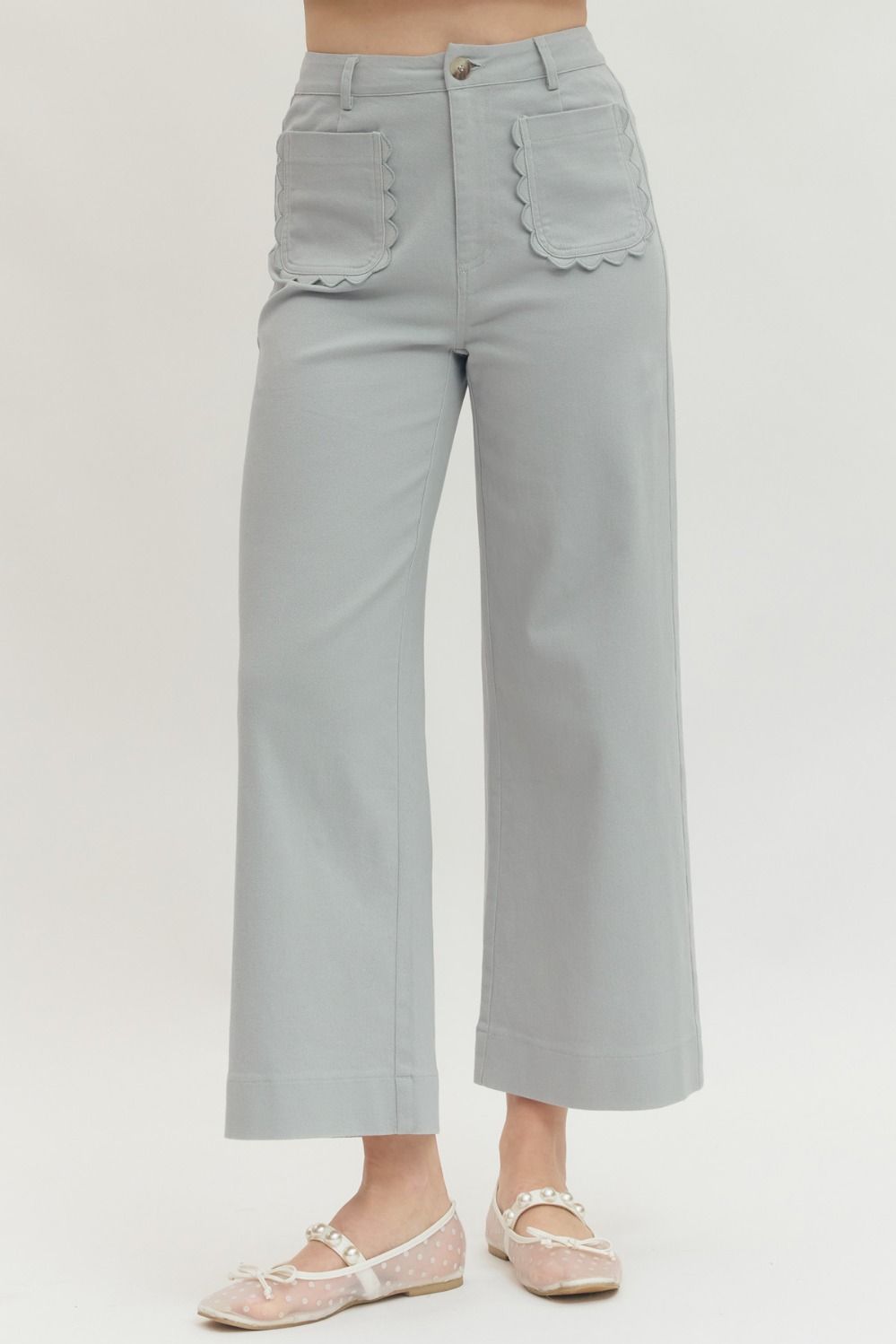 Entro Solid Wide Leg Pants With Scalloped Front Pocket In Dusty Blue