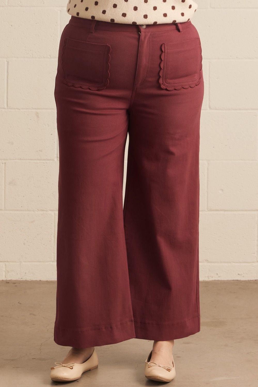 ENTRO Solid Wide Leg Pant With Scalloped Accent In Burgundy PLUS Sizes *COMING SOON*