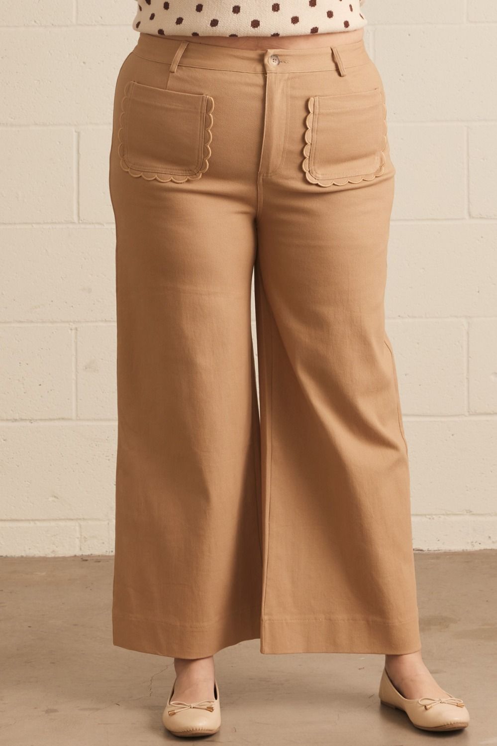 ENTRO Solid Wide Leg Pant With Scalloped Accent In Camel PLUS Sizes *COMING SOON*