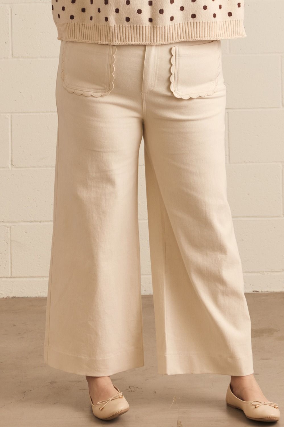 ENTRO Solid Wide Leg Pant With Scalloped Accent In Ecru PLUS Sizes *COMING SOON*