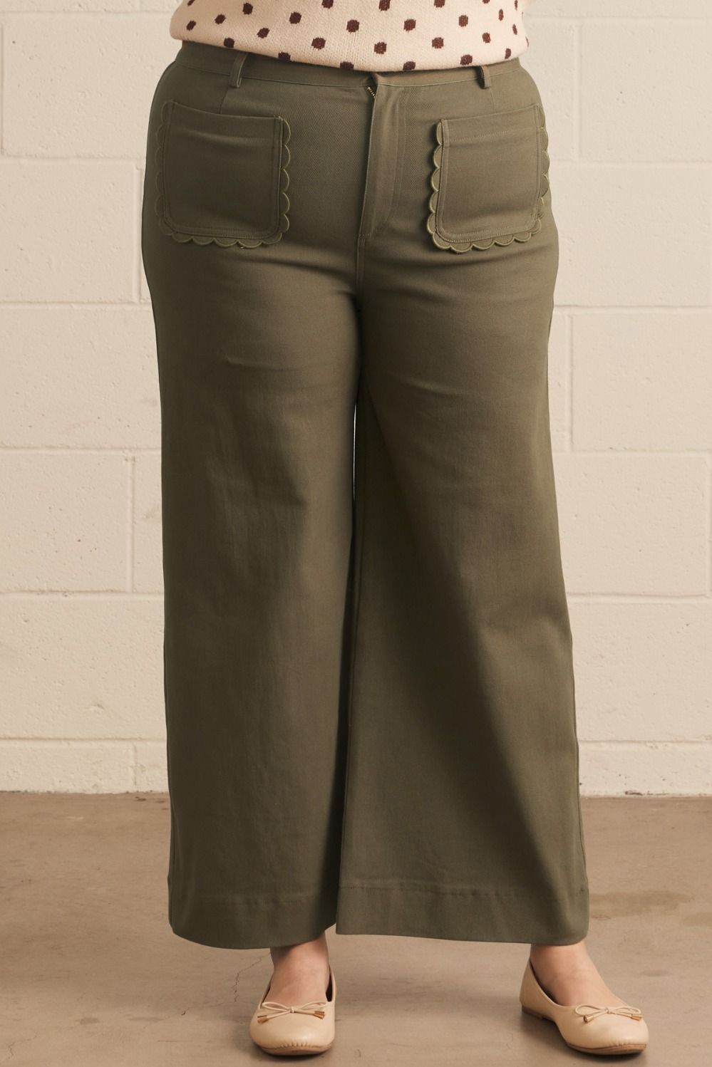ENTRO Solid Wide Leg Pant With Scalloped Accent In Olive PLUS Sizes *COMING SOON*