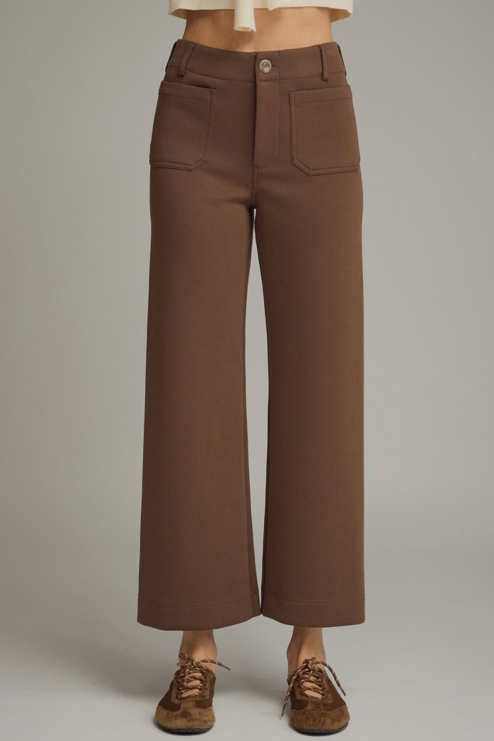 ENTRO Solid Knit Pants With Patch Pockets In Brown *COMING SOON*