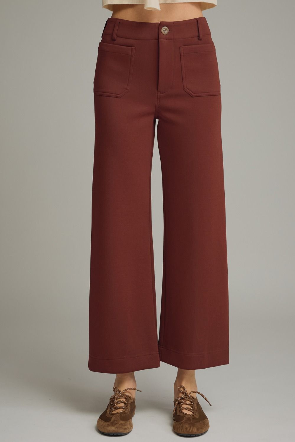 ENTRO Solid Knit Pants With Patch Pockets In Burgundy *COMING SOON*