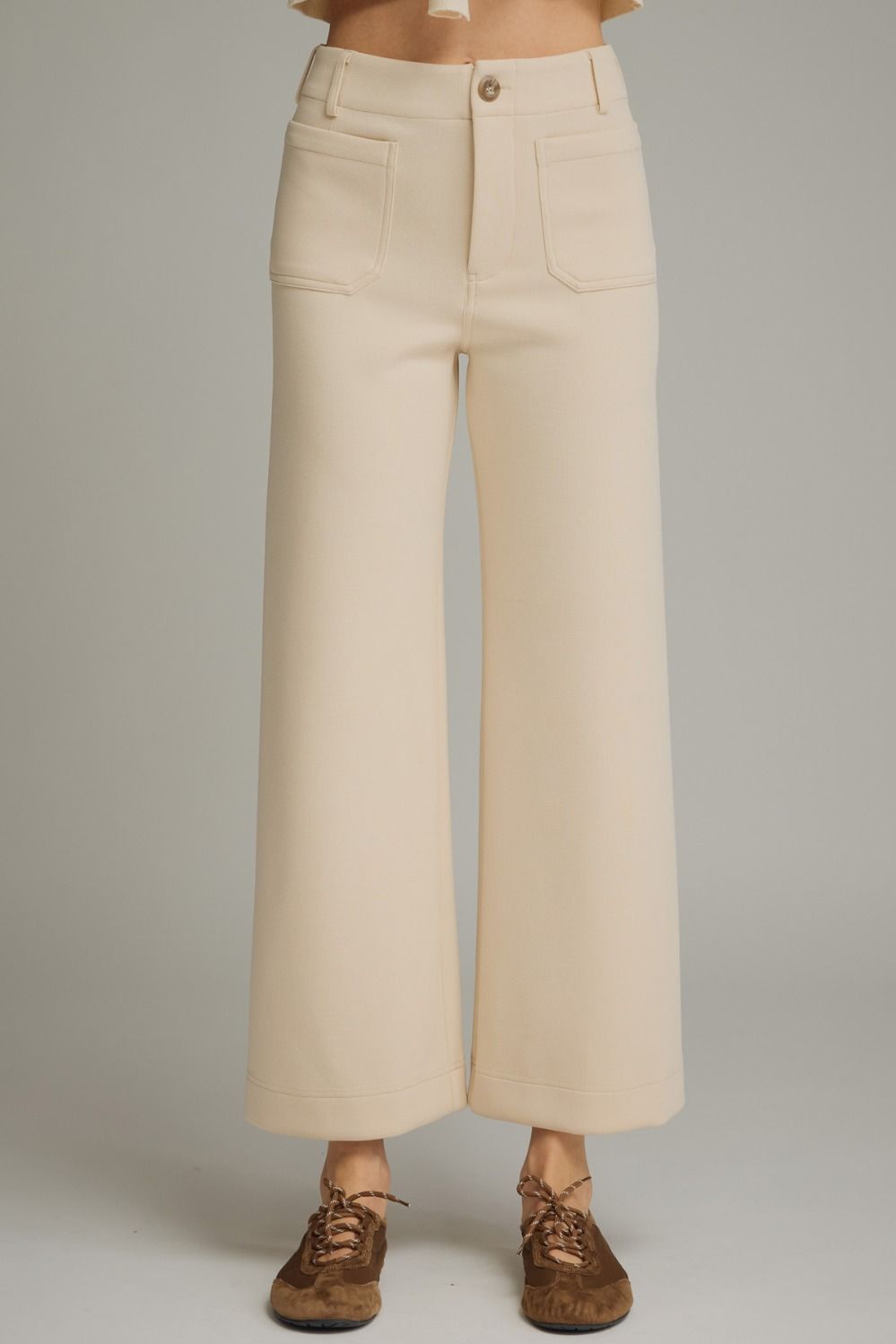 ENTRO Solid Knit Pants With Patch Pockets In Ecru *COMING SOON*