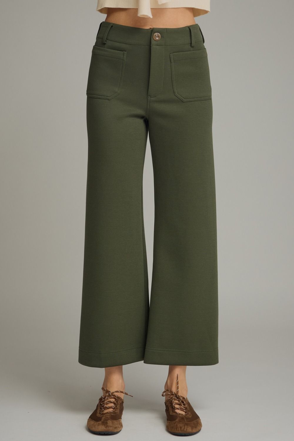 ENTRO Solid Knit Pants With Patch Pockets In Olive *COMING SOON*
