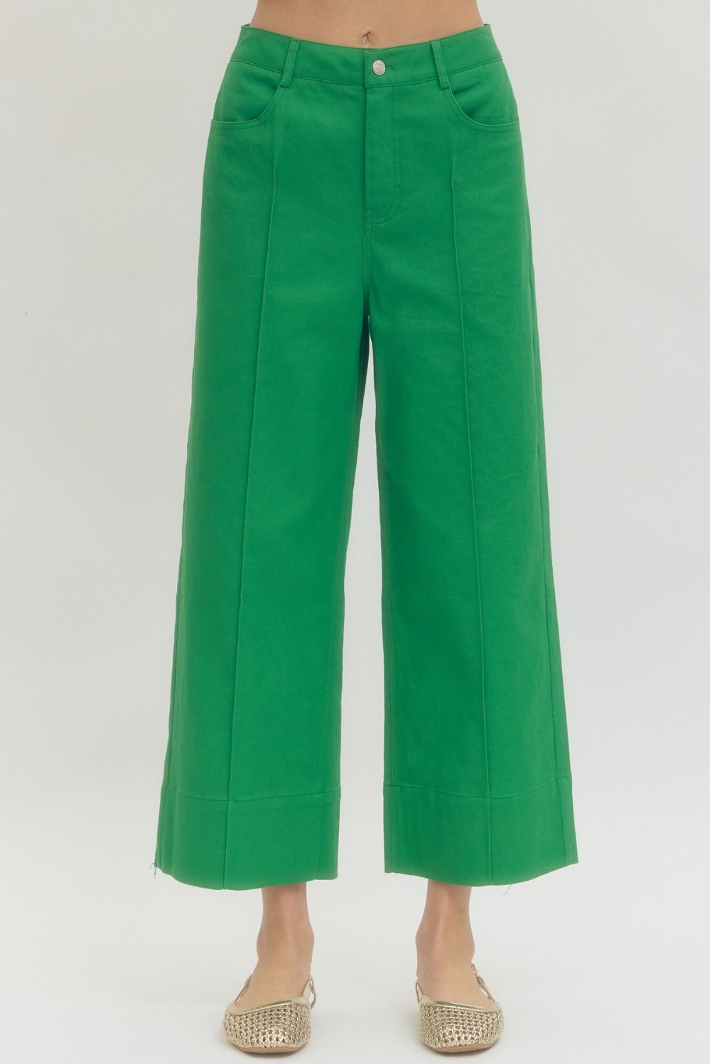 ENTRO Solid Wide Leg Pants With Front Pin Tuck In Green