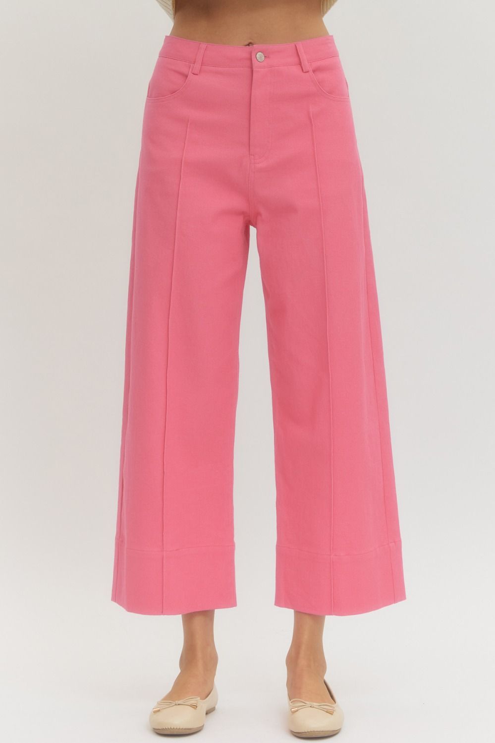 Entro Solid Wide Leg Pants With Front Pin Tuck In Pink