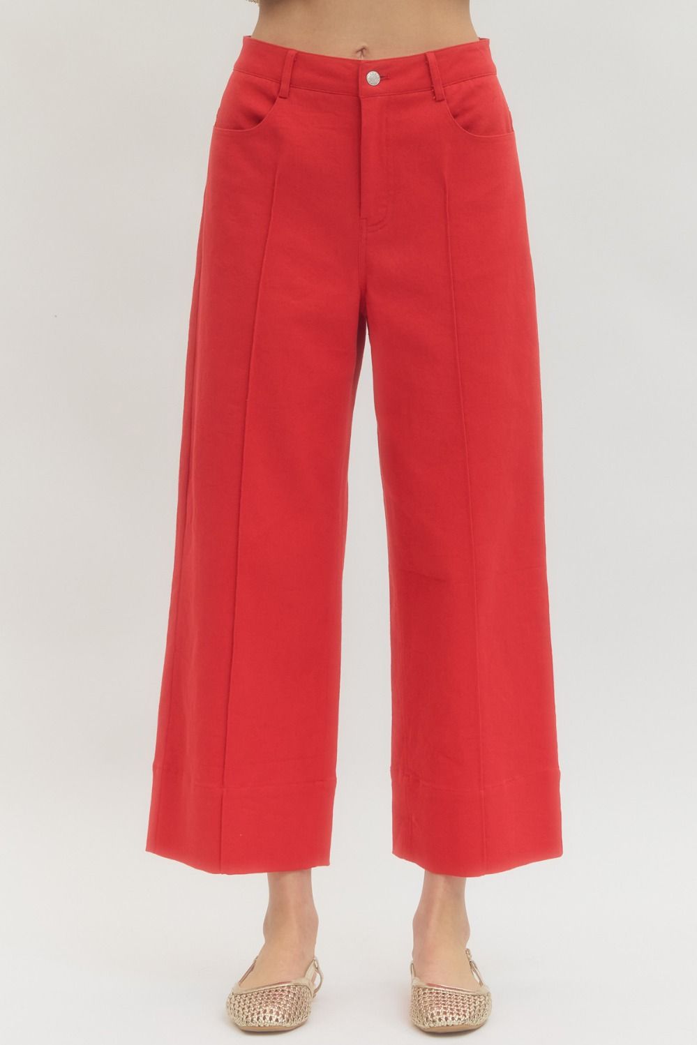 ENTRO Solid Wide Leg Pants With Front Pin Tuck In Red