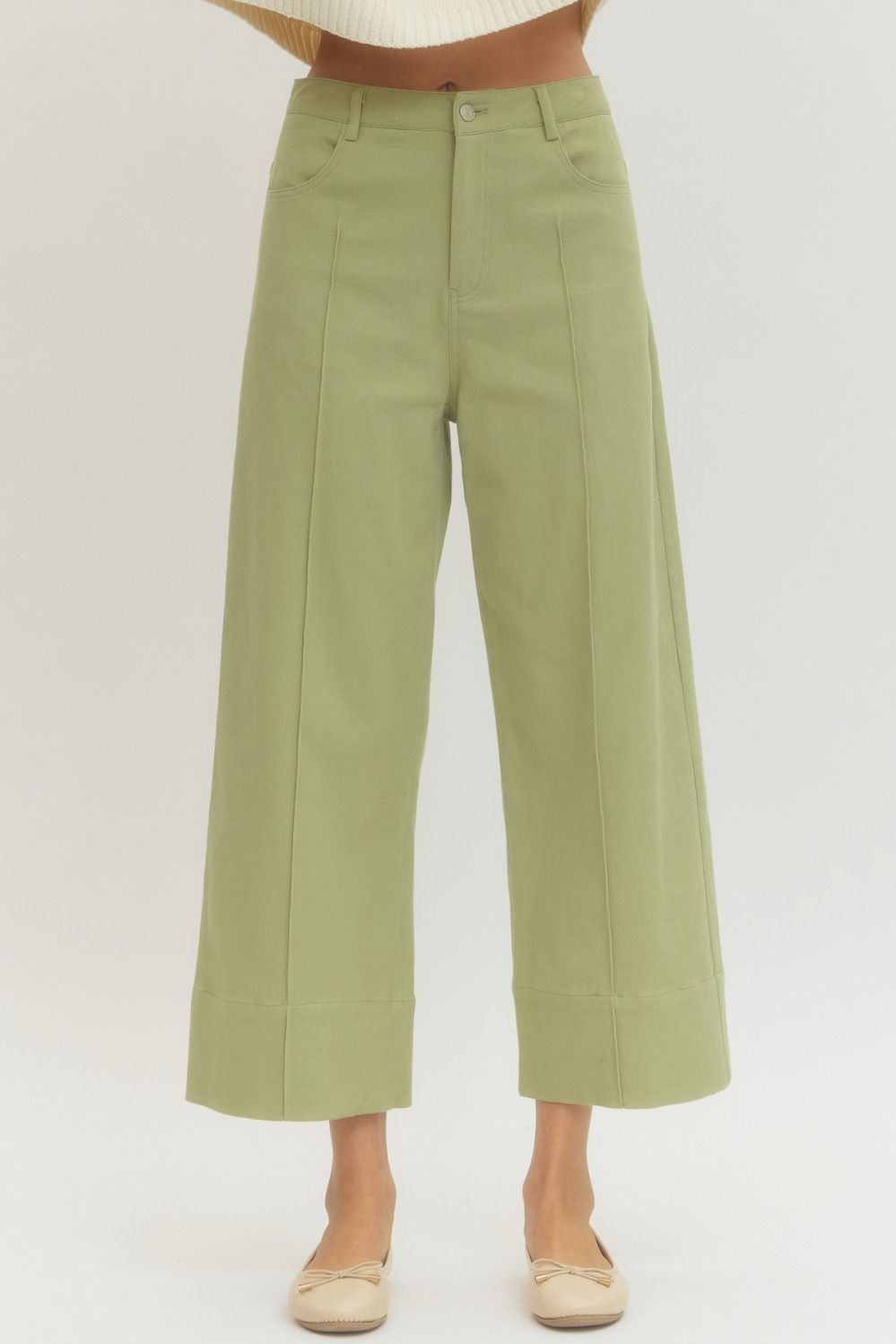 Entro Solid Wide Leg Pants With Front Pin Tuck In Sage