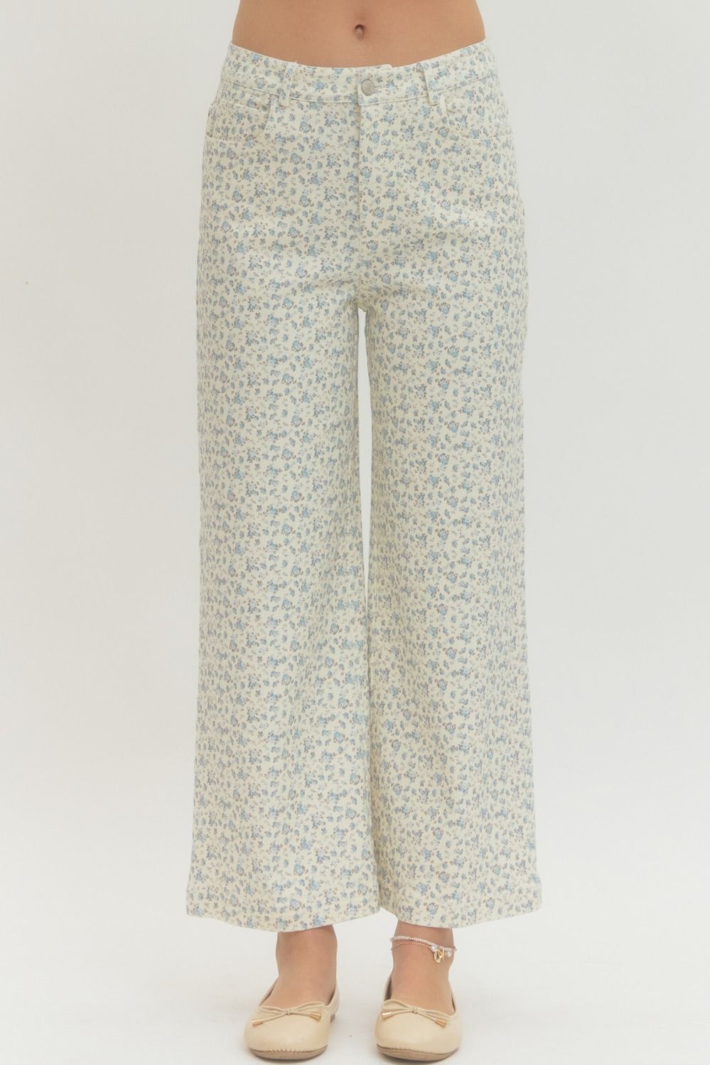 ENTRO Mini Floral Print Full Length Pant In Blue