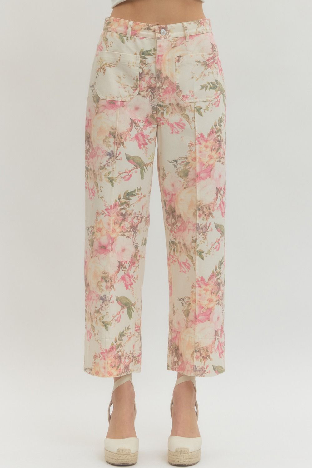 Entro Floral Print Straight Leg Pants In Ecru