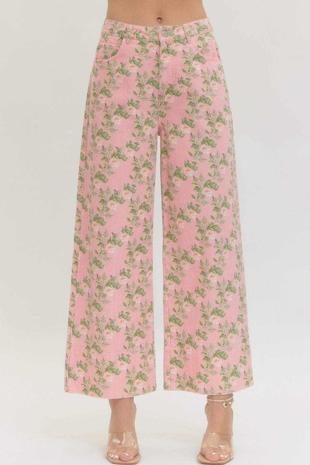 ENTRO Floral Wide Leg Pant In Pink