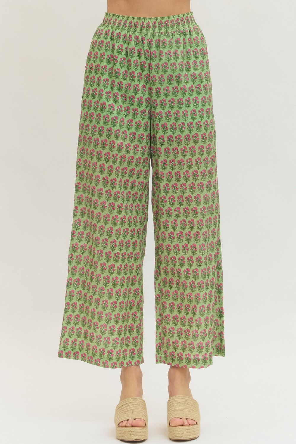 ENTRO Botanical Print Wide Leg Pants In Green