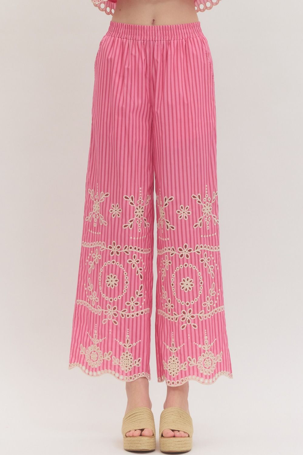 ENTRO Pink Stripe Embroidered Eyelet Pant In Pink