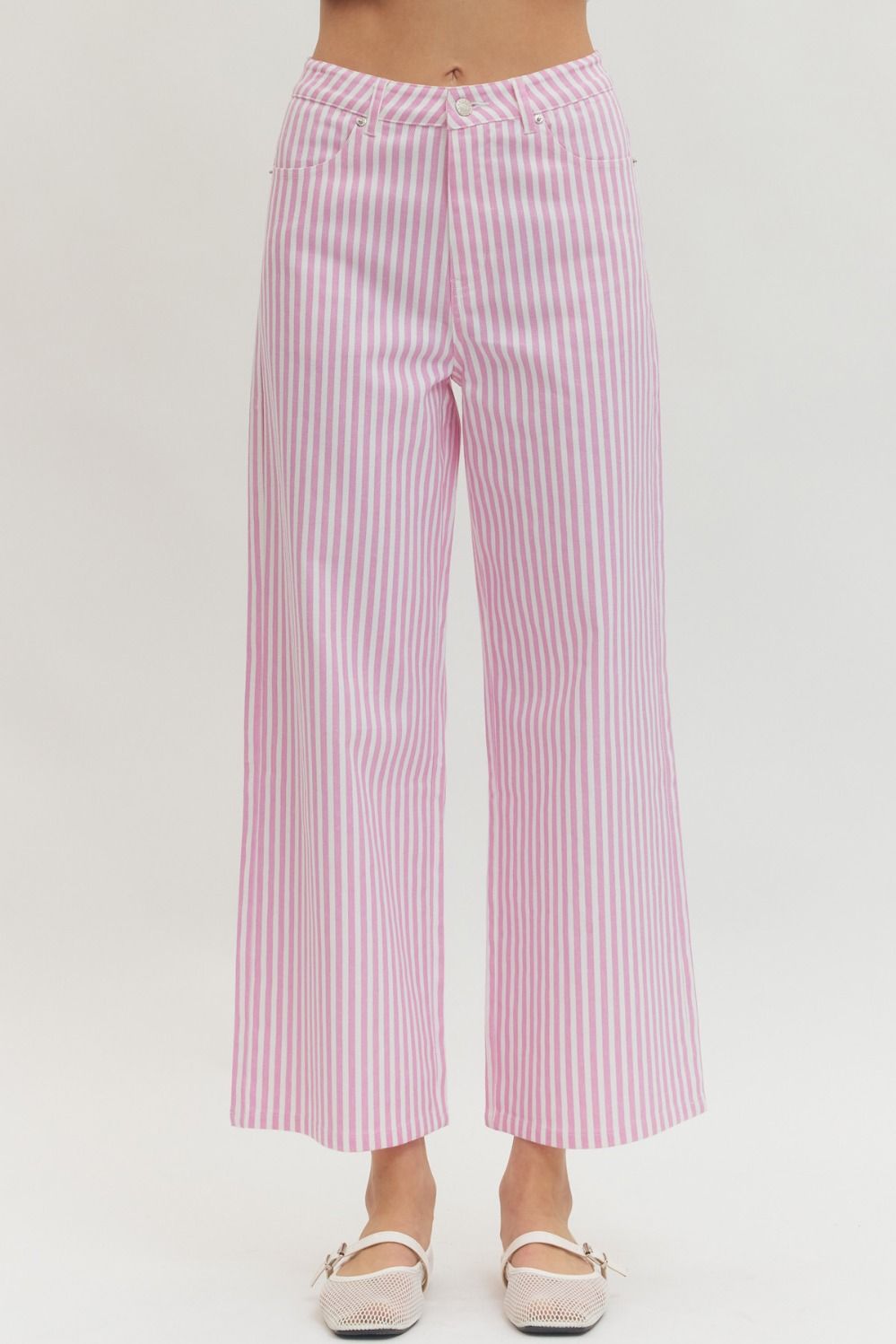 ENTRO Striped Wide Leg Pants In Pink