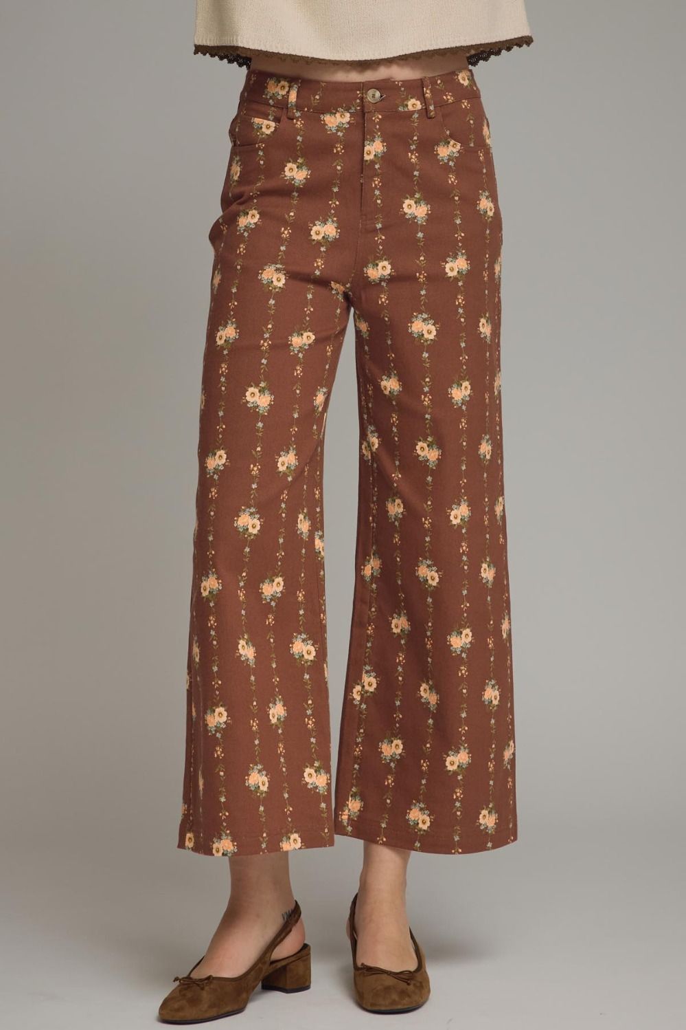 ENTRO Vertical Floral Print Pant In Brown