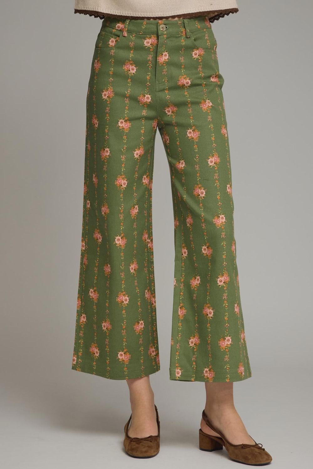 ENTRO Vertical Floral Print Pant In Olive