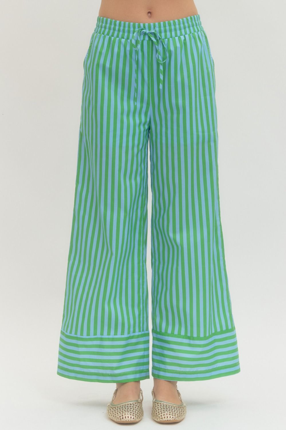 ENTRO Striped Wide Leg Pants In Green