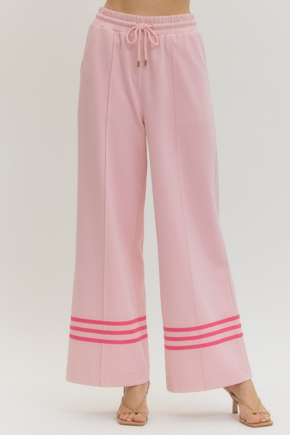 ENTRO Solid Elastic Waist Pants With Contrast Stripe In Pink