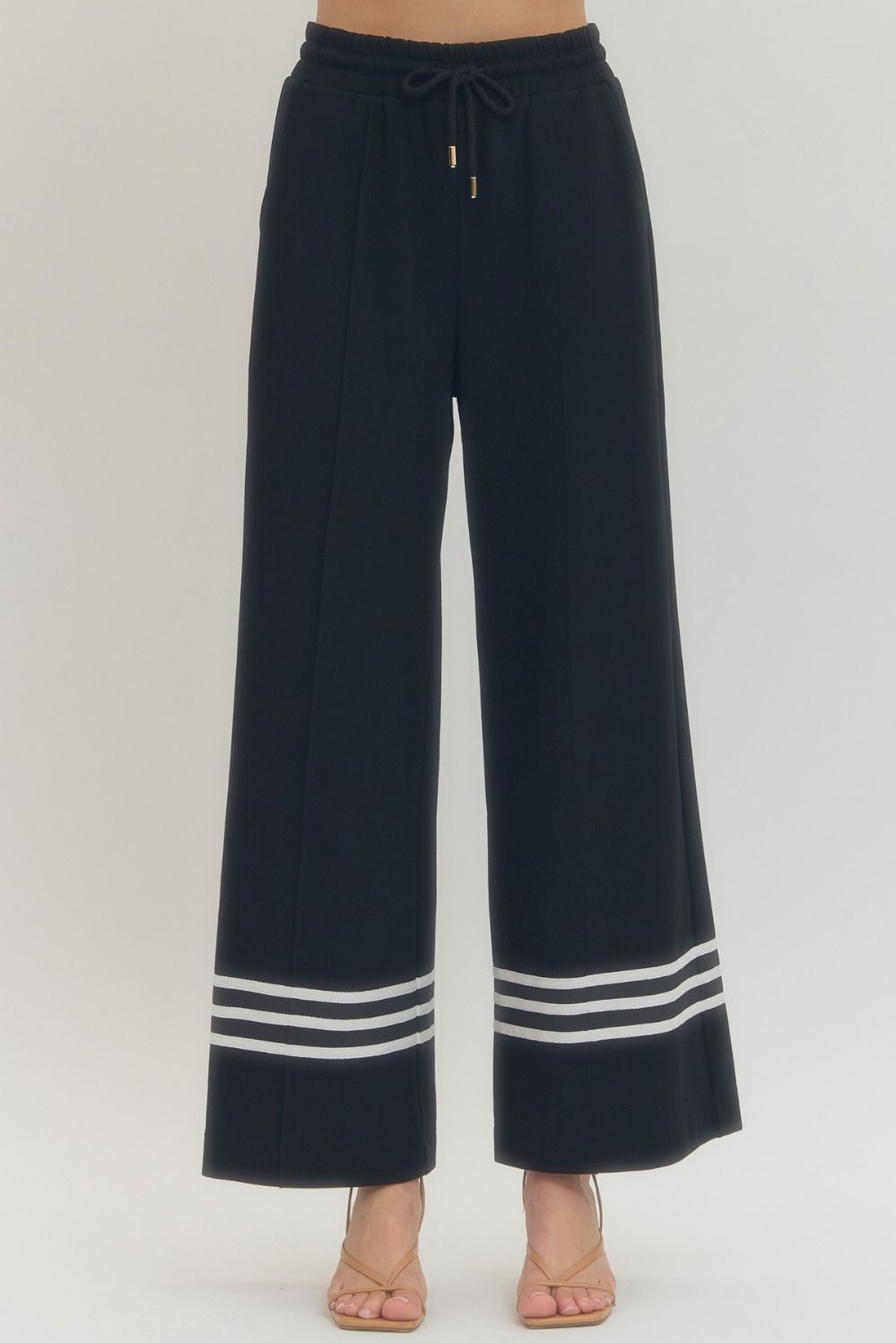 ENTRO Solid Elastic Waist Pants With Contrast Stripe In Black