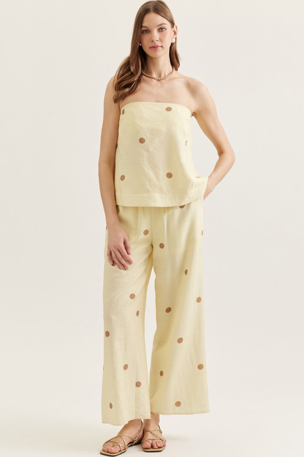 ENTRO Polka Dot Wide Leg Pants In Lemon