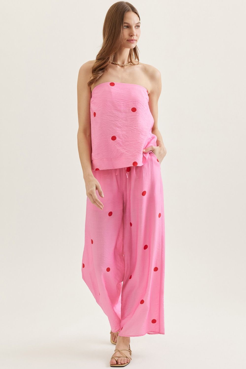 ENTRO Polka Dot Wide Leg Pants In Pink
