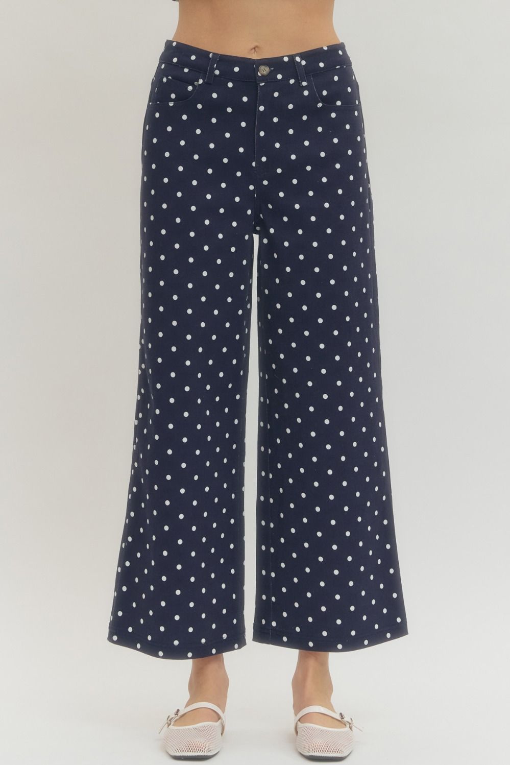 ENTRO Polka Dot Wide Leg Pants In Navy *COMING SOON*