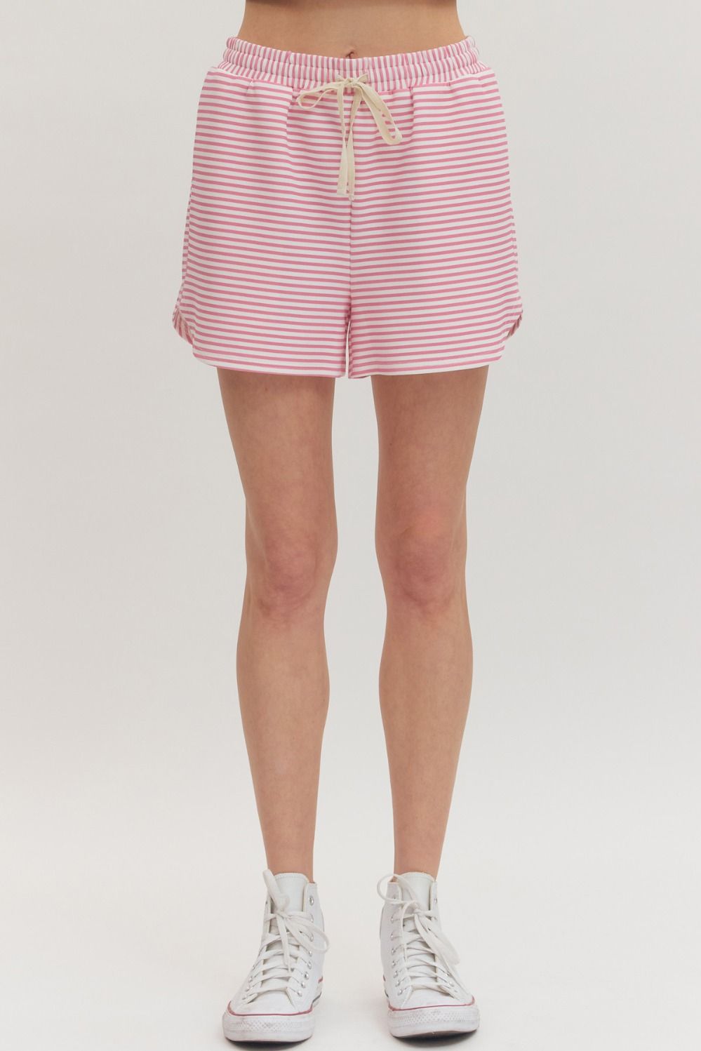 ENTRO Striped Elastic Waist Shorts In Pink