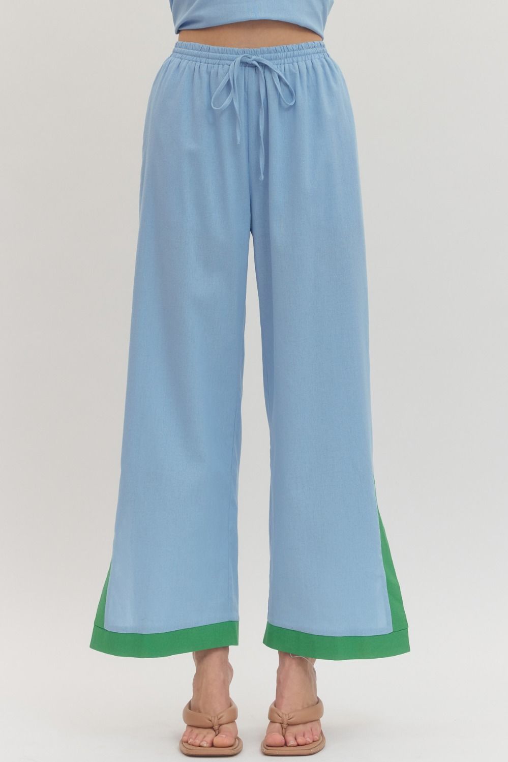 ENTRO Solid Wide Leg With Contrast Hem Pant In Blue