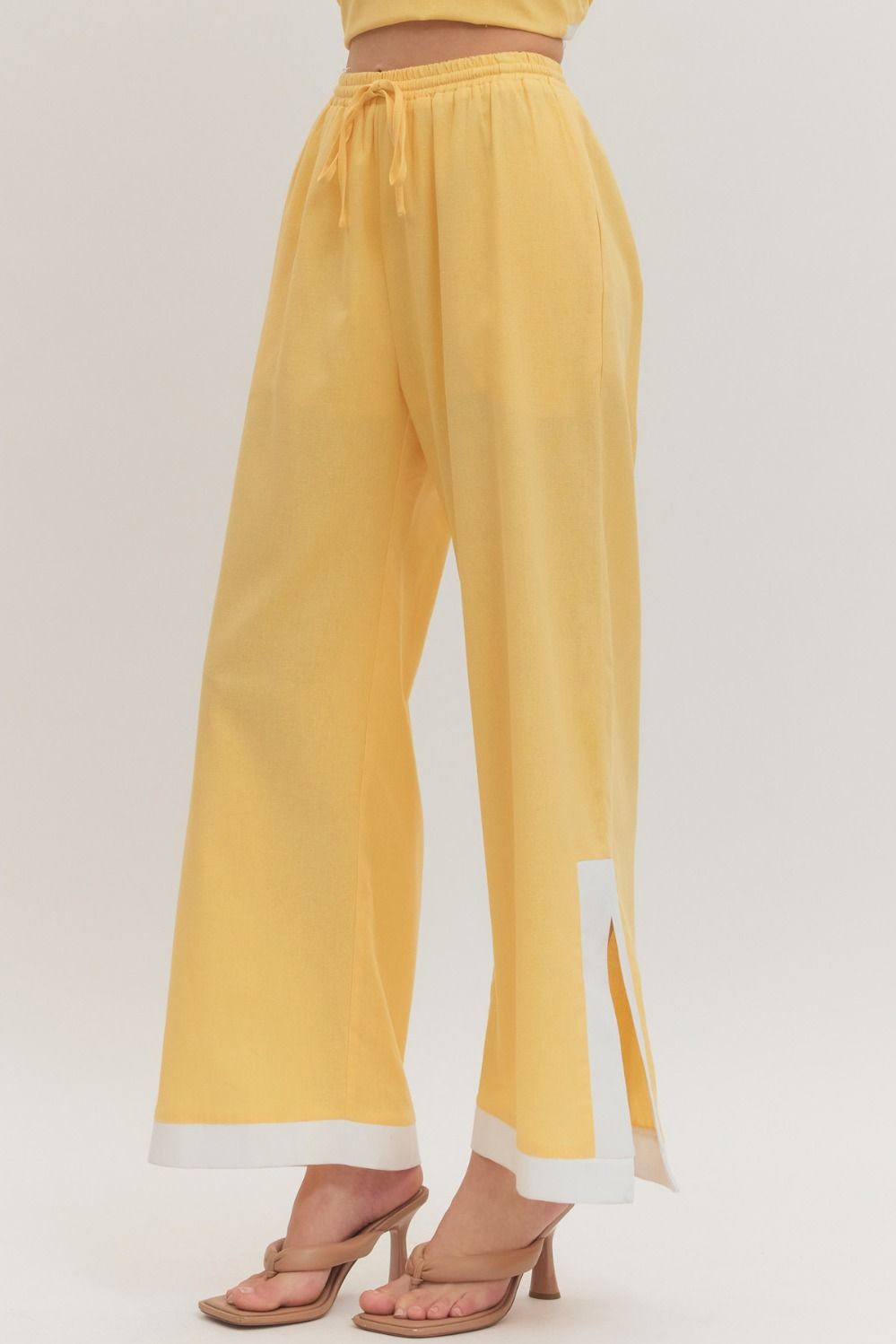 ENTRO Solid Wide Leg With Contrast Hem Pant In Lemon