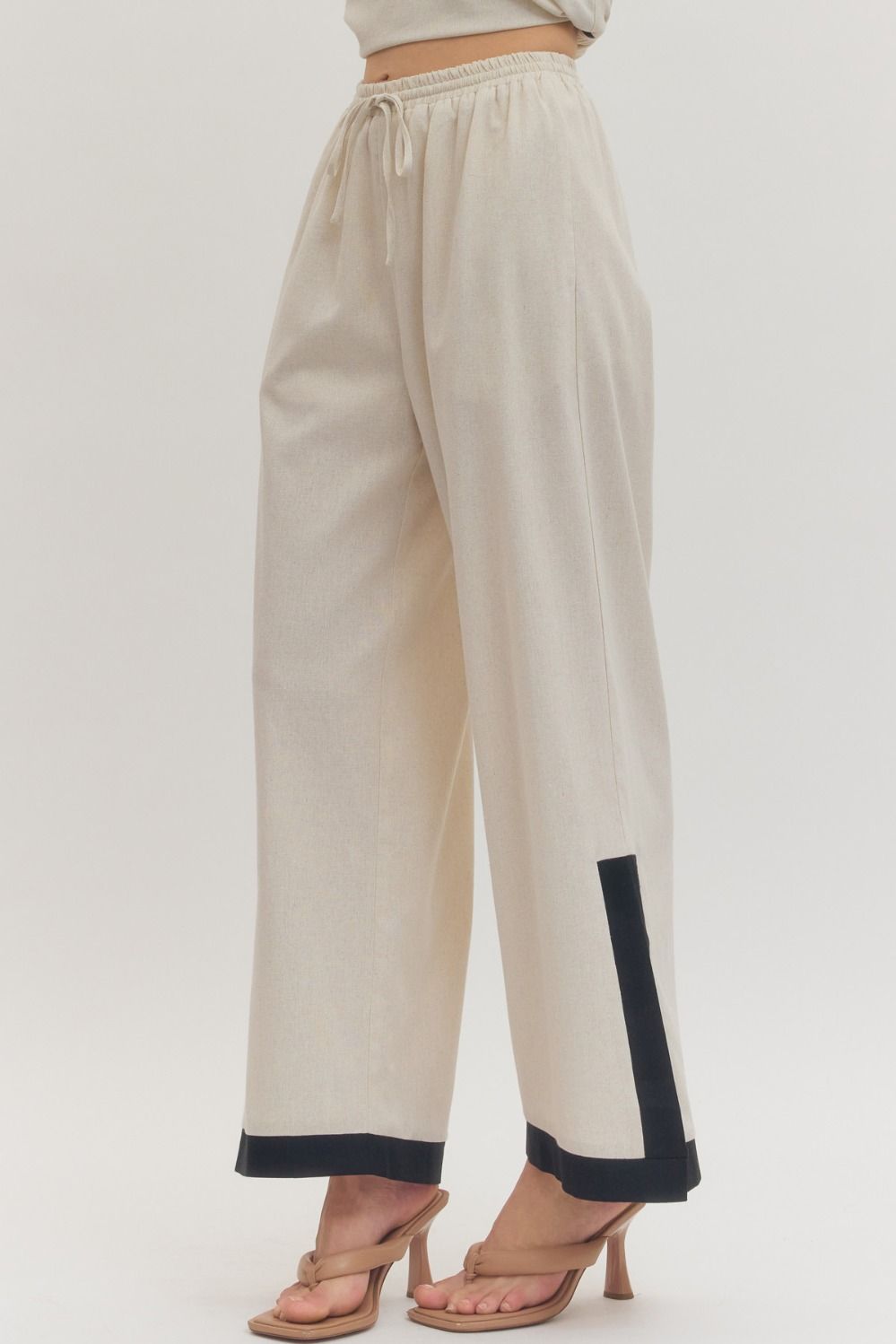ENTRO Solid Wide Leg With Contrast Hem Pant In Linen
