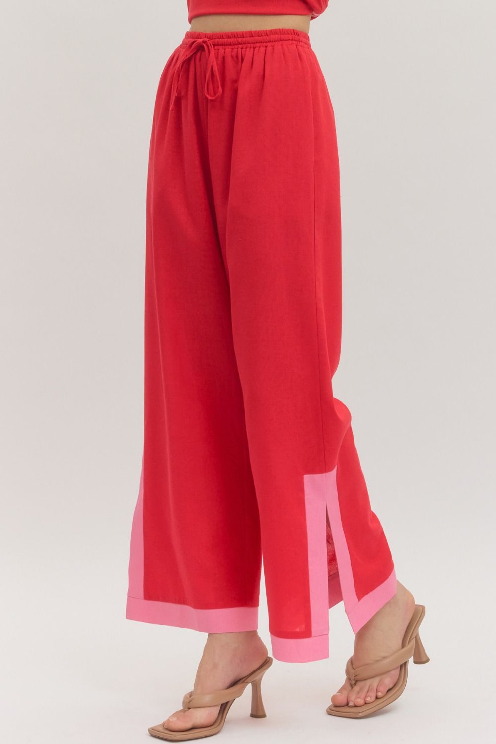 ENTRO Solid Wide Leg With Contrast Hem Pant In Red