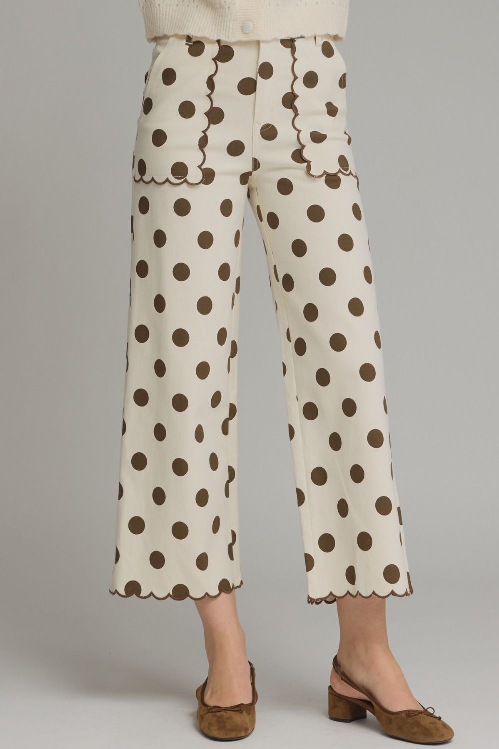 ENTRO Polka Dot High Waisted Pant In Ecru Brown