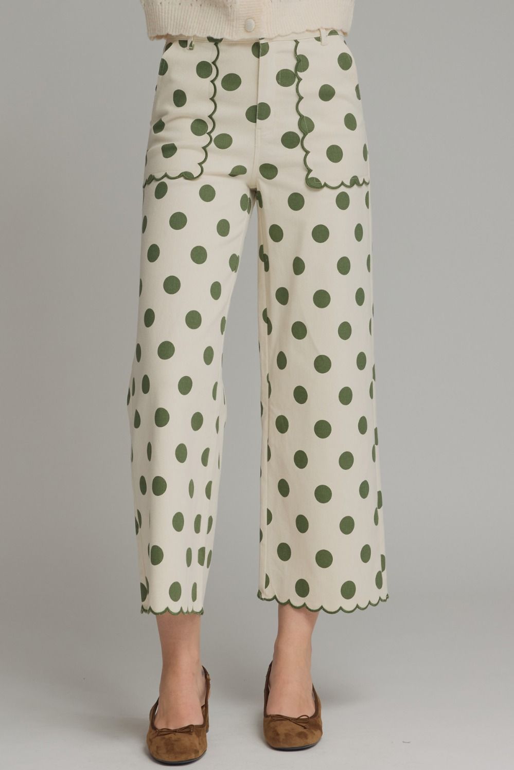 ENTRO Polka Dot High Waisted Pant In Ecru Olive