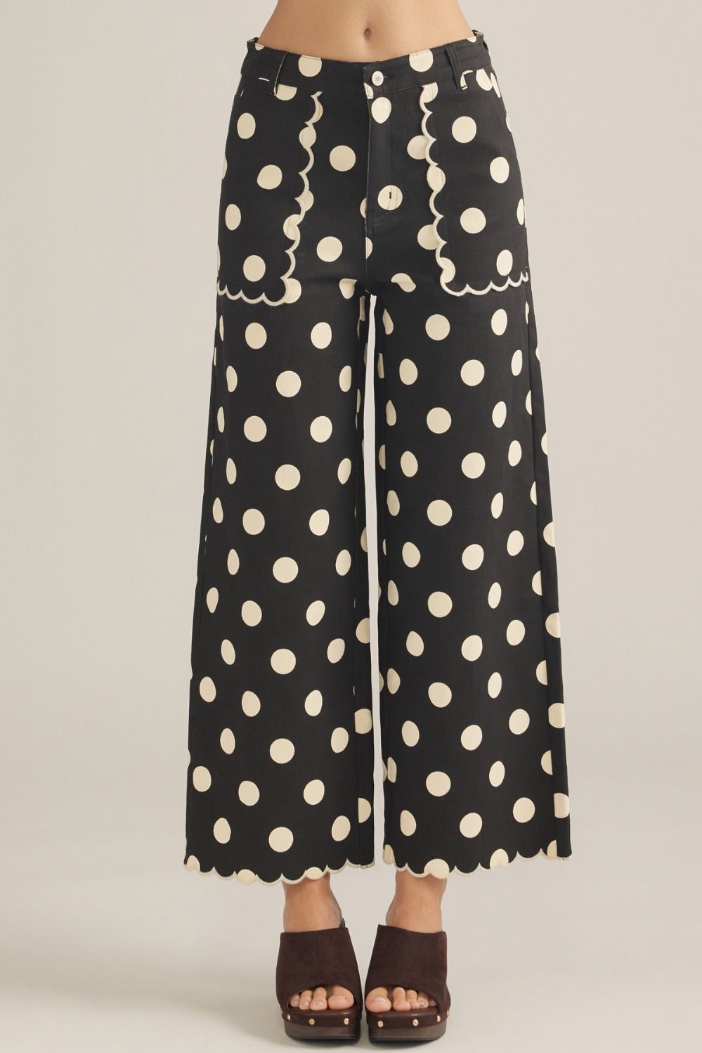 ENTRO Polka Dot Wide Leg Pant With Scalloped Accent In Black