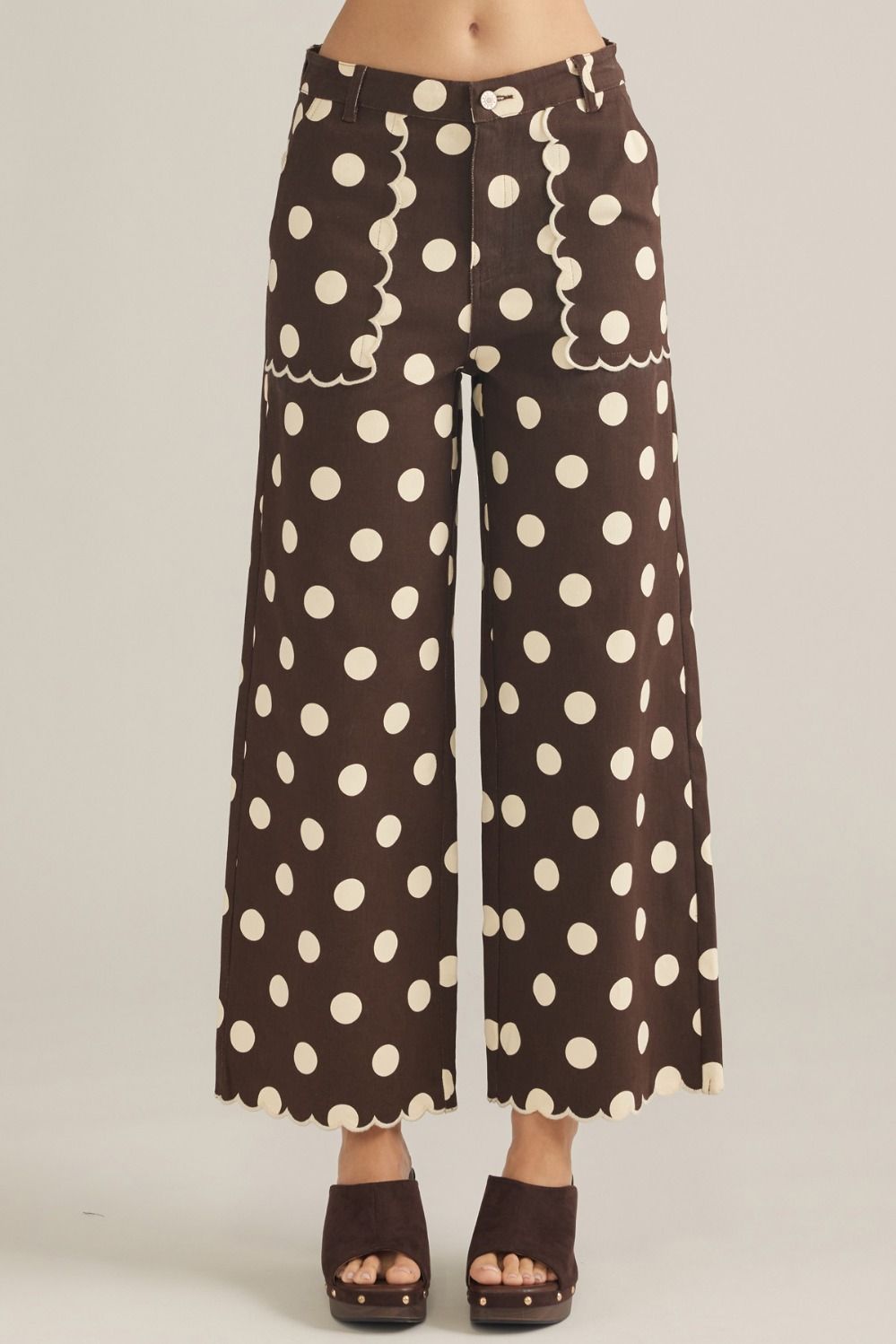 ENTRO Polka Dot Wide Leg Pant With Scalloped Accent In Brown