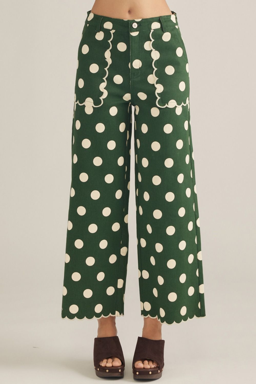 ENTRO Polka Dot Wide Leg Pant With Scalloped Accent In Pine
