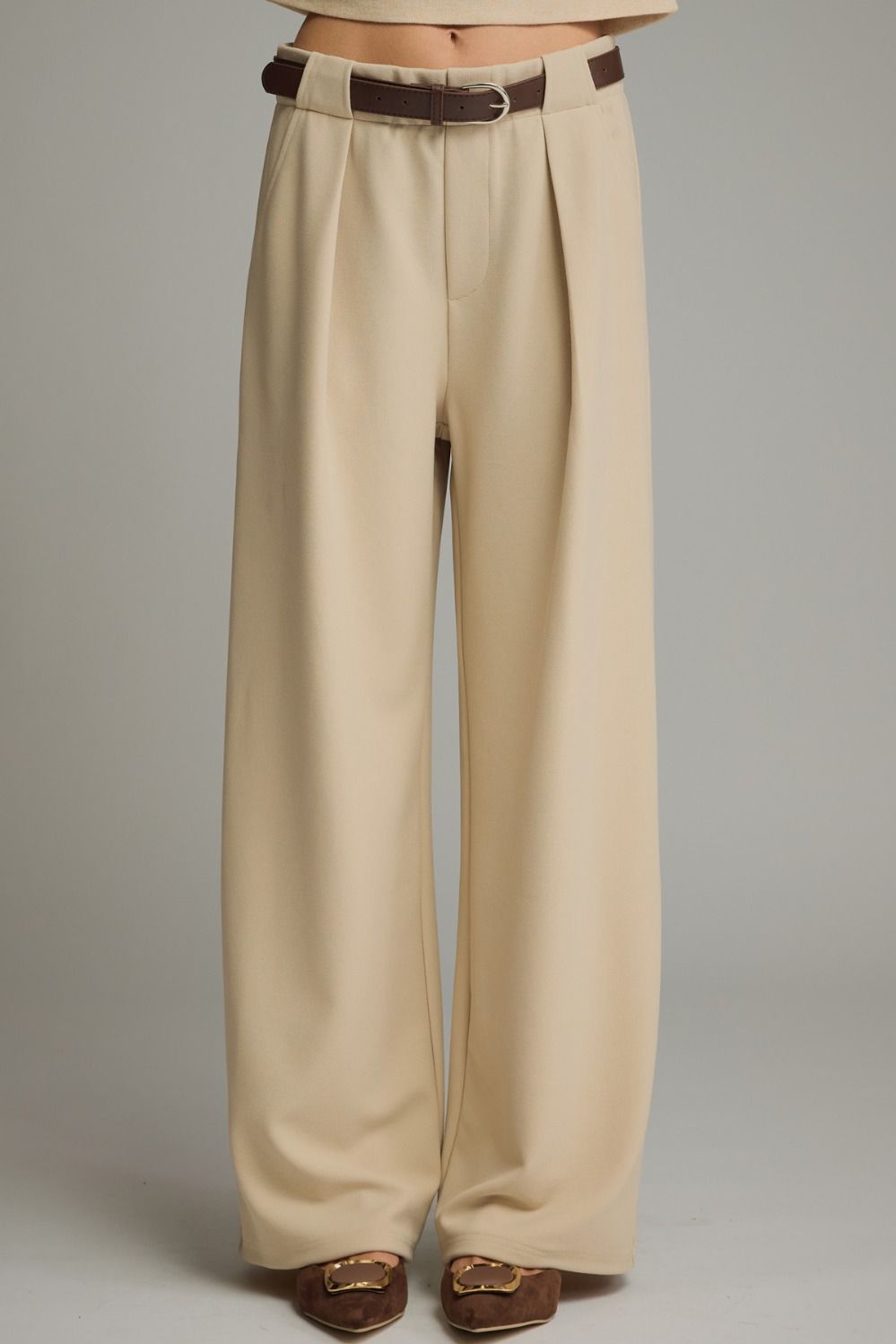 ENTRO Solid Belter Wide Leg Pant In Ecru