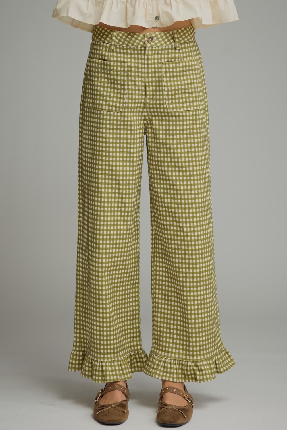 ENTRO Gingham Pants With Ruffle Hem In Olive