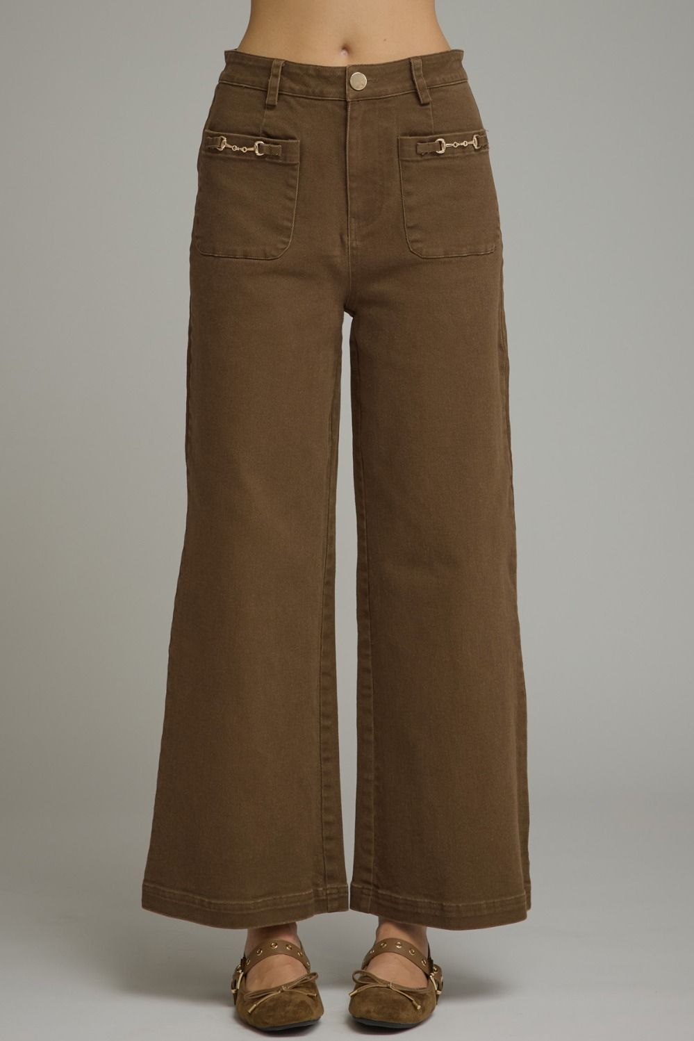 ENTRO Wide Leg Pant With Horsebit Detail In Brown