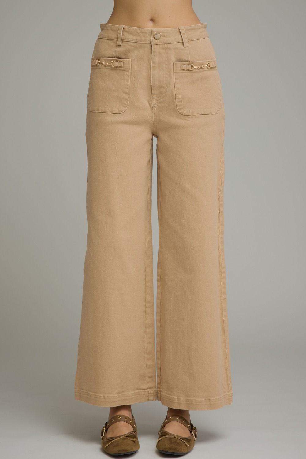 ENTRO Wide Leg Pant With Horsebit Detail In Camel