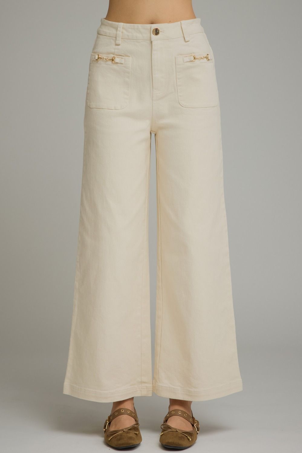 ENTRO Wideleg Pant With Horsebit Detail In Ecru