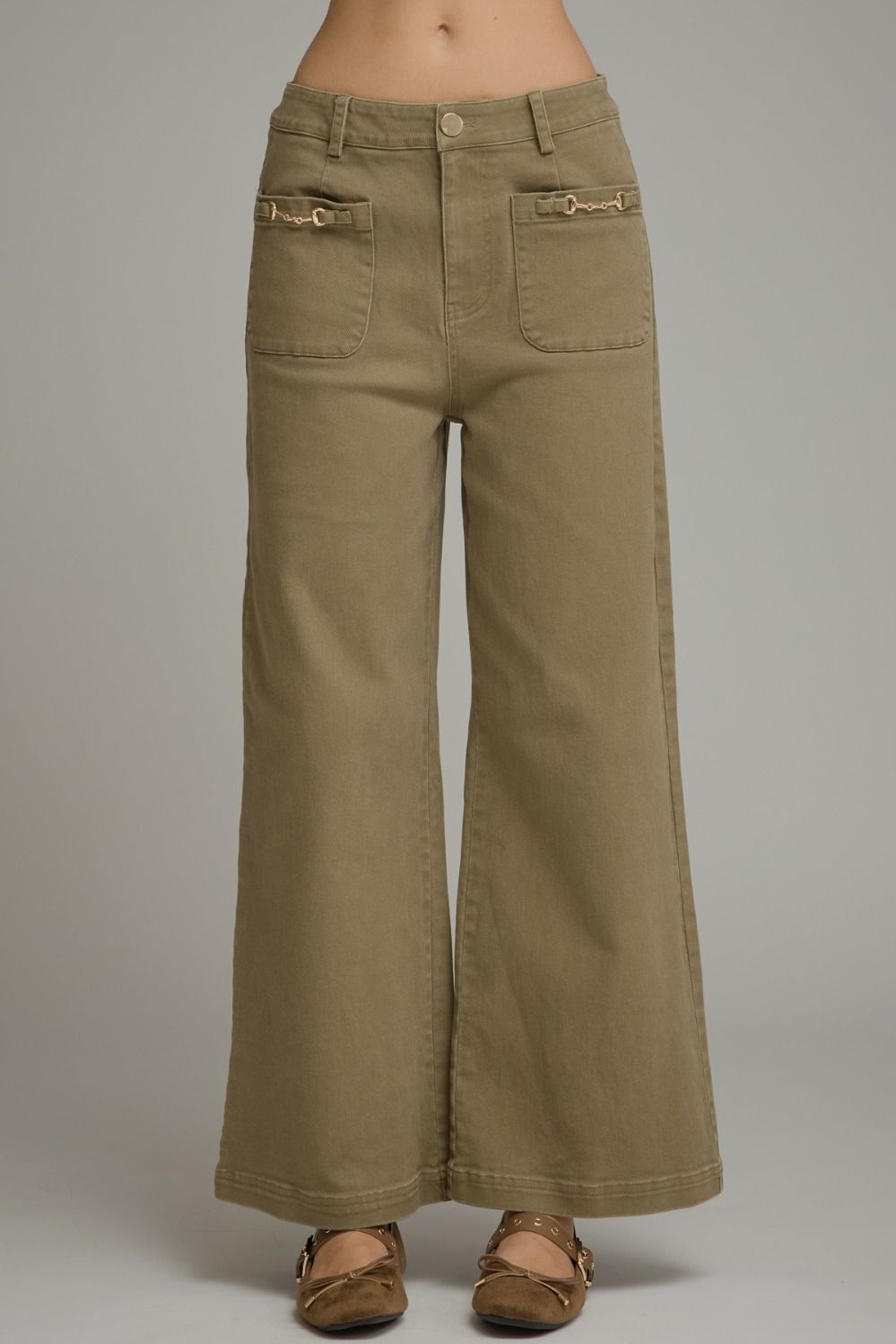 ENTRO Wideleg Pant With Horsebit Detail In Olive