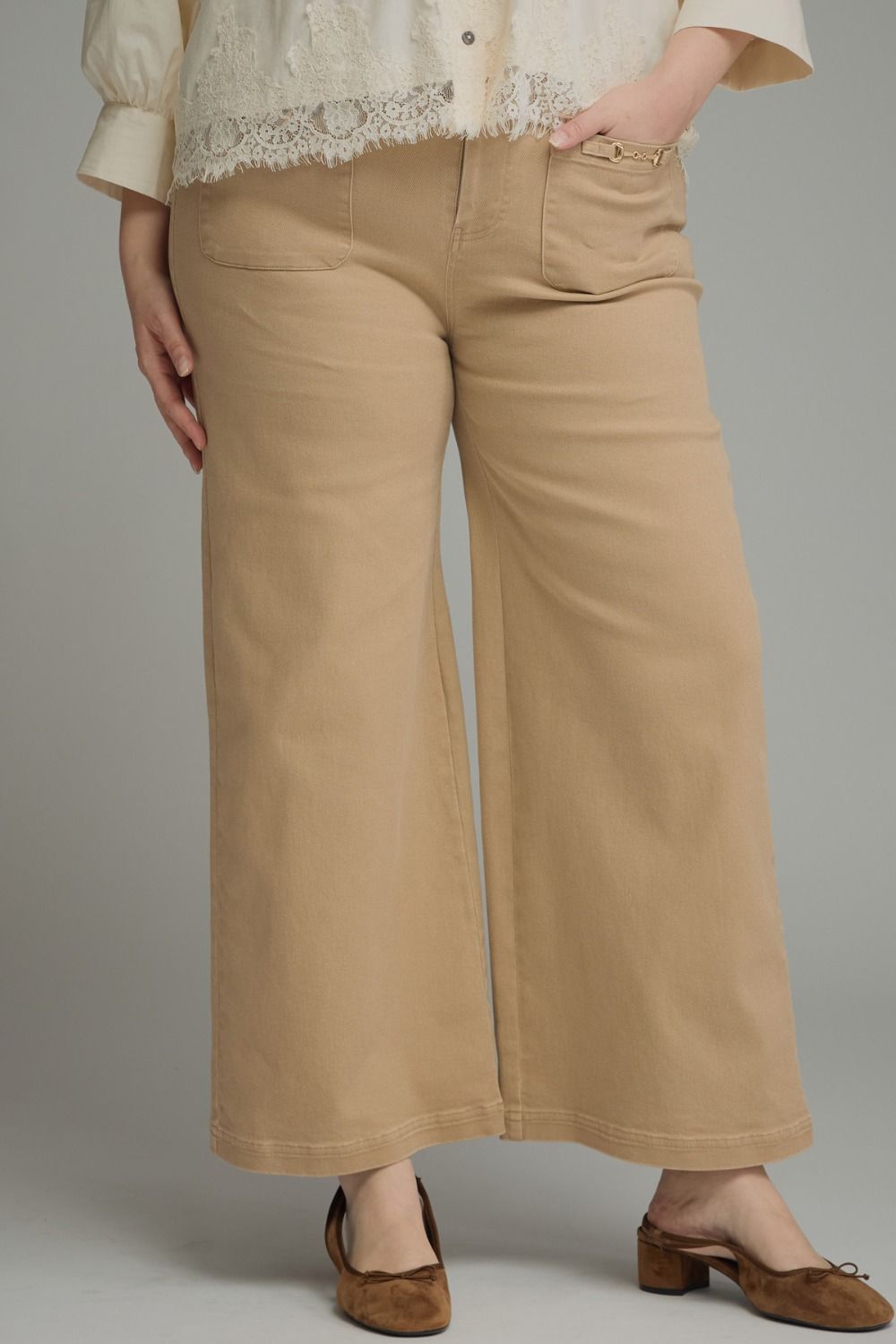 ENTRO Solid Horse Bit Detail Pant In Camel PLUS Sizes