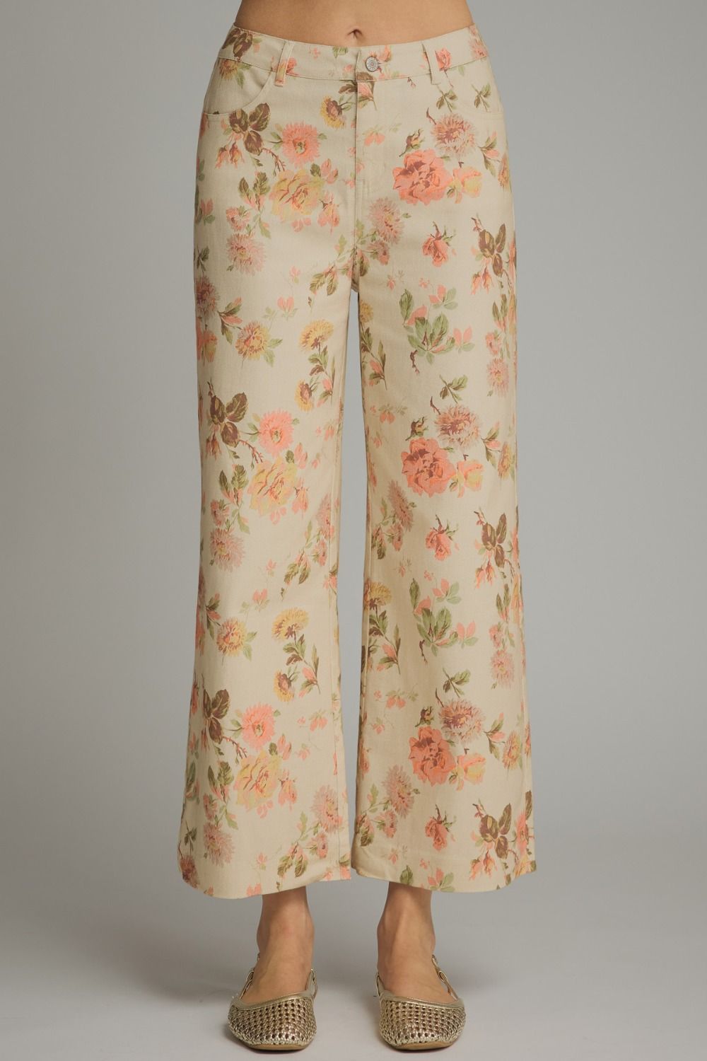 ENTRO Floral Wide Leg Pants In Ecru *COMING SOON*