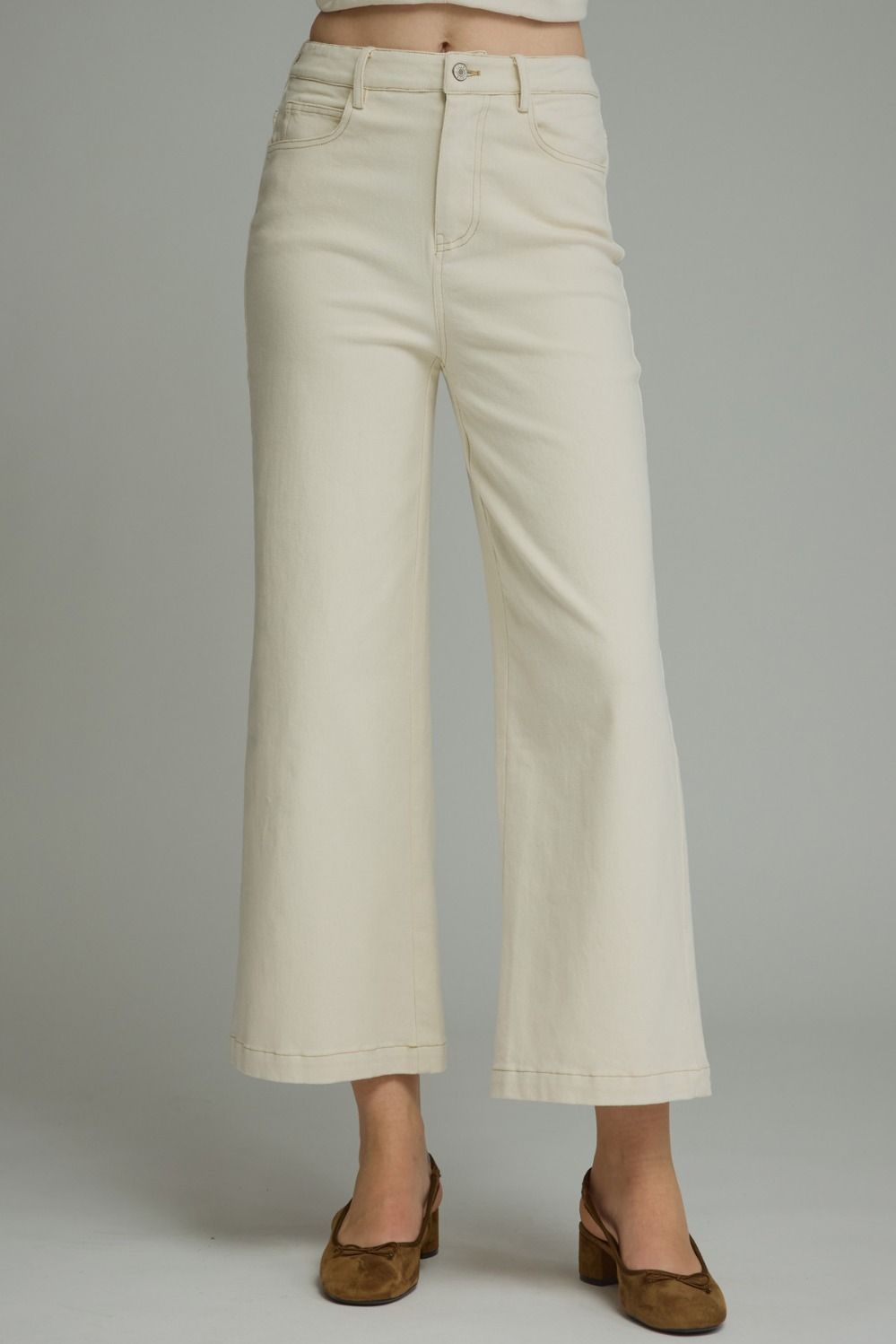 ENTRO Solid Cropped Pant In Ecru