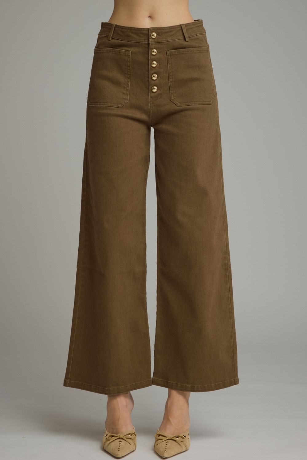 ENTRO Solid Wide Legged Pants With Gold Button Detail In Brown