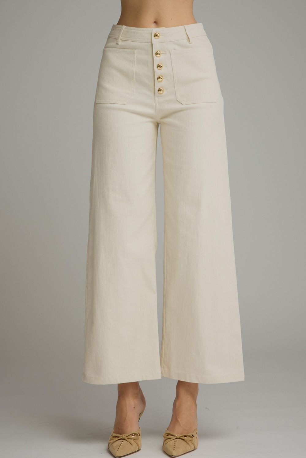 ENTRO Solid Wide Legged Pants With Gold Button Detail In Ecru